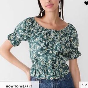 J Crew Gathered Scoop Neck Top Dark Green, Floral Embroidery Blouse - Small